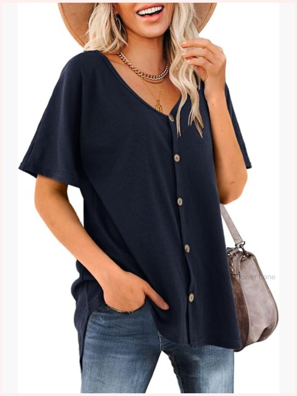 V Neck Short Sleeve Waffle Knit Button Up Tunic Blouse